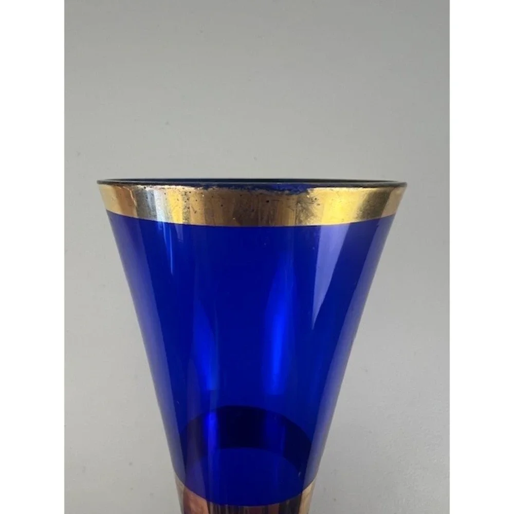 Vintage Cobalt Blue Bohemian Czech Hand Painted Bud Vase  Gold Trimmed ‎ Decor